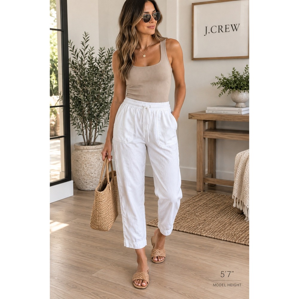 J.Crew Seaside Linen Blend White Pull On Pants M Coastal BF489